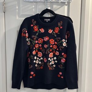Lela Rose Black and Red Crew Neck Sweater with Floral Embroidery